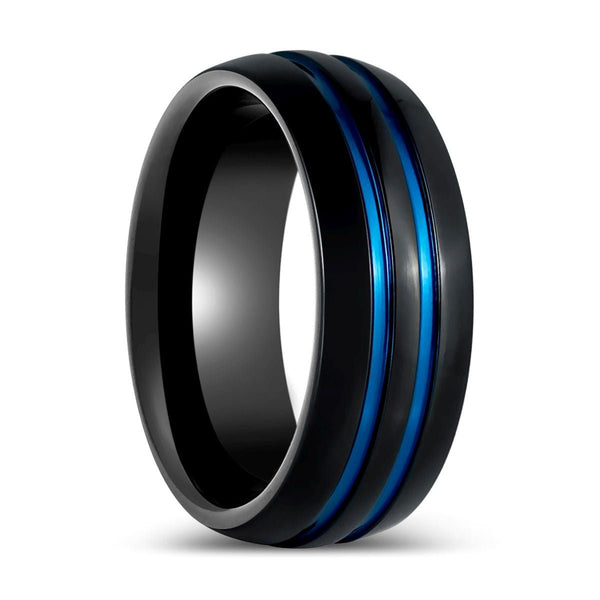 PETROS | Black Tungsten Ring Two Blue Grooves