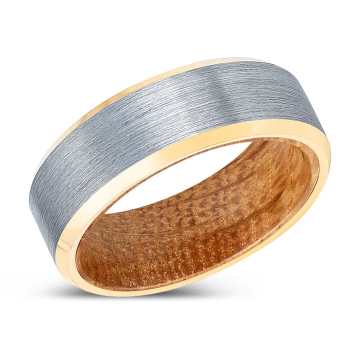 PINESCAR | Whiskey Barrel Wood, Brushed, Silver Tungsten Ring, Gold Beveled Edges - Rings - Aydins Jewelry - 2