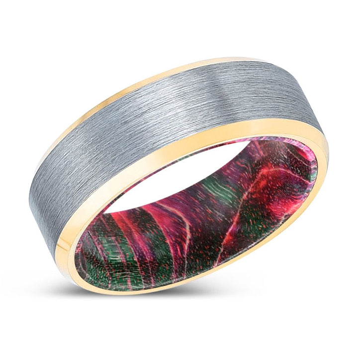 PINESTALK | Green & Red Wood, Brushed, Silver Tungsten Ring, Gold Beveled Edges - Rings - Aydins Jewelry - 2