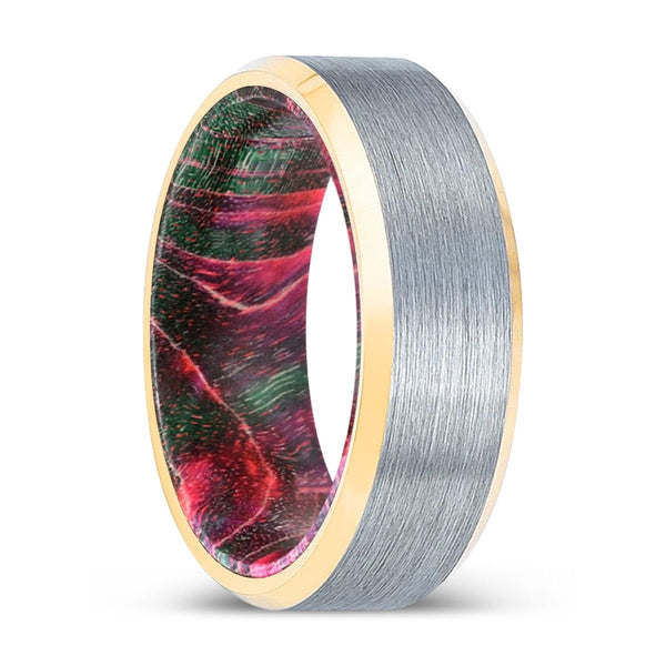 PINESTALK | Green & Red Wood, Brushed, Silver Tungsten Ring, Gold Beveled Edges - Rings - Aydins Jewelry - 1