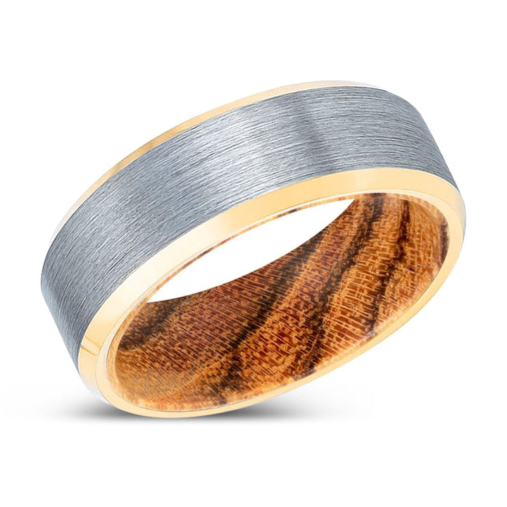 PINETOOTH | Bocote Wood, Brushed, Silver Tungsten Ring, Gold Beveled Edges - Rings - Aydins Jewelry - 2
