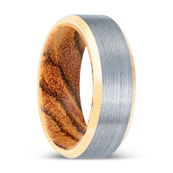 PINETOOTH | Bocote Wood, Brushed, Silver Tungsten Ring, Gold Beveled Edges - Rings - Aydins Jewelry - 1