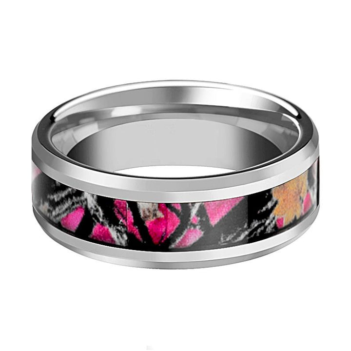 Pink Oak Leaves Camouflage Men's Tungsten Wedding Band with Beveled Edges - 6MM - 8MM - Rings - Aydins Jewelry - 2