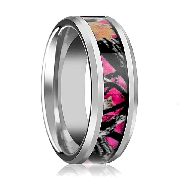 Pink Oak Leaves Camouflage Men's Tungsten Wedding Band with Beveled Edges - 6MM - 8MM