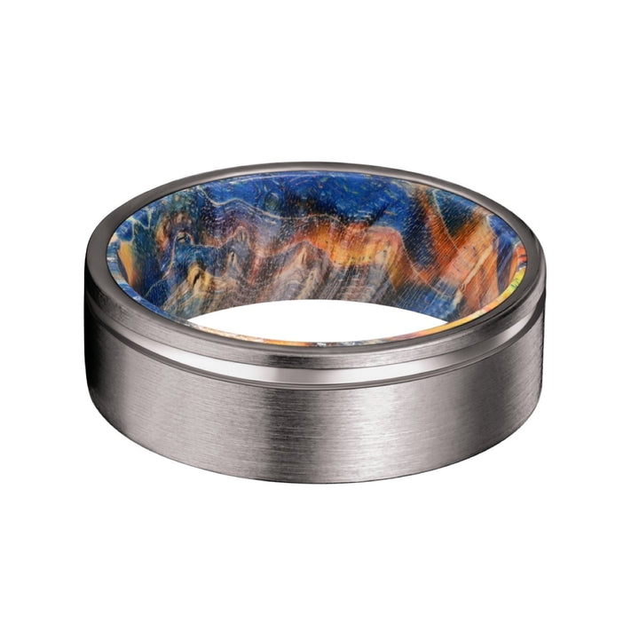 PIONEER | Blue & Yellow/Orange Wood, Gunmetal Tungsten Offset Groove - Rings - Aydins Jewelry - 3