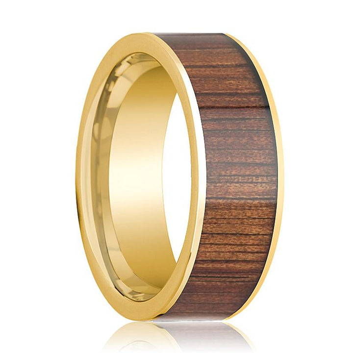 Pipe Cut 14K Yellow Gold Flat Ring with Rare Koa Wood Inlay & Polished Edges - Rings - Aydins Jewelry - 1