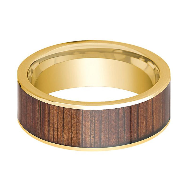 Pipe Cut 14K Yellow Gold Flat Ring with Rare Koa Wood Inlay & Polished Edges - Rings - Aydins Jewelry - 2