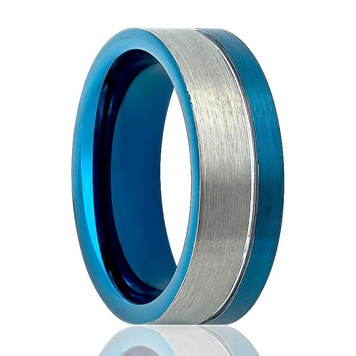 POLAR | Blue Tungsten Ring, Silver Brushed, Off Center Blue Groove, Flat