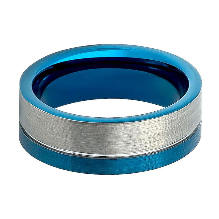 POLAR | Blue Tungsten Ring, Silver Brushed, Off Center Blue Groove, Flat