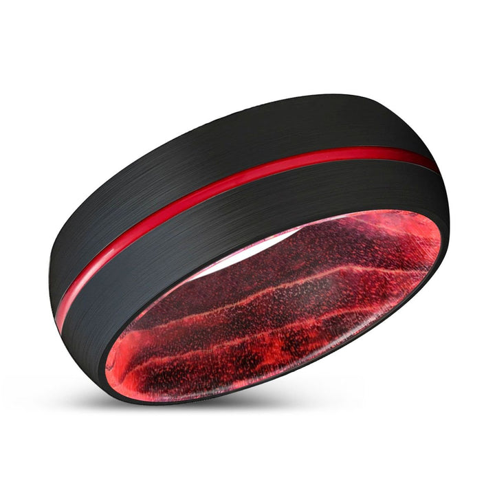 PIRANHA | Black & Red Wood, Black Tungsten Ring, Red Groove, Domed - Rings - Aydins Jewelry - 2