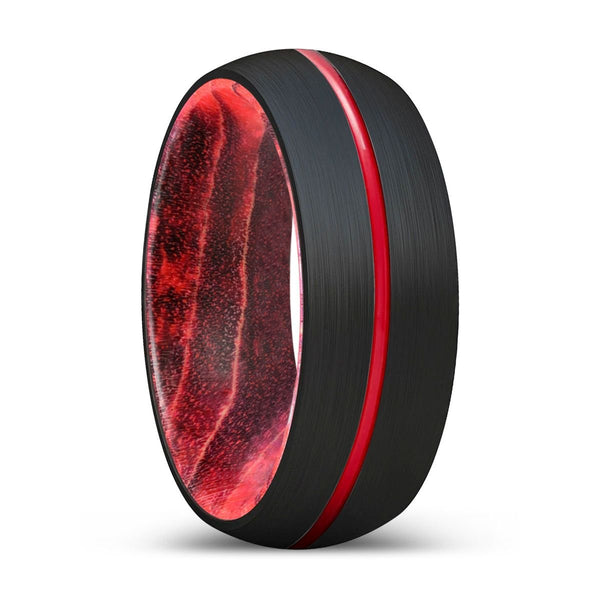 PIRANHA | Black & Red Wood, Black Tungsten Ring, Red Groove, Domed - Rings - Aydins Jewelry - 1