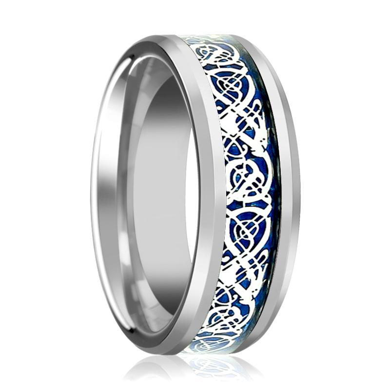 POET | Silver Tungsten Ring, Blue Celtic Dragon Inlay, Beveled – Aydins ...