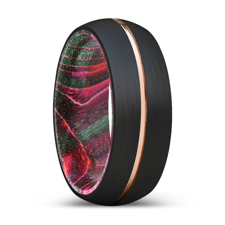 POGO | Green & Red Wood, Black Tungsten Ring, Rose Gold Groove, Domed - Rings - Aydins Jewelry - 1