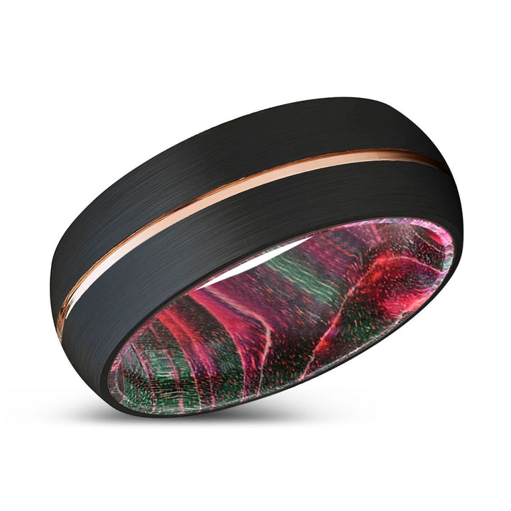 POGO | Green & Red Wood, Black Tungsten Ring, Rose Gold Groove, Domed - Rings - Aydins Jewelry - 2