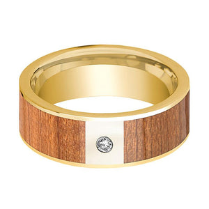 Sapele Wood inlay 14k yellow gold wedding band 8mm with diamond, side profile