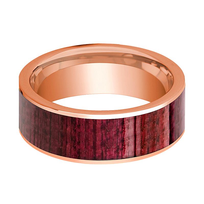 Purpleheart Wood inlay 14k rose gold wedding band 8mm, side profile
