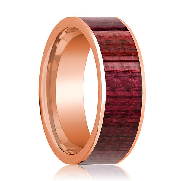 Mens Wedding Band Polished Flat 14k Rose Gold Wedding Ring with Purpleheart Wood Inlay - 8mm - AydinsJewelry