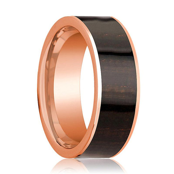 Mens Wedding Band Polished Flat 14k Rose Gold Wedding Ring with Ebony Wood Inlay - 8mm - AydinsJewelry