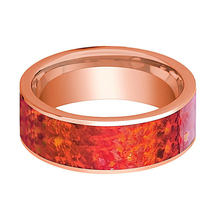 Polished 14k Rose Gold Men's Flat Wedding Band with Red Opal Inlay - 8MM - Rings - Aydins Jewelry - 2