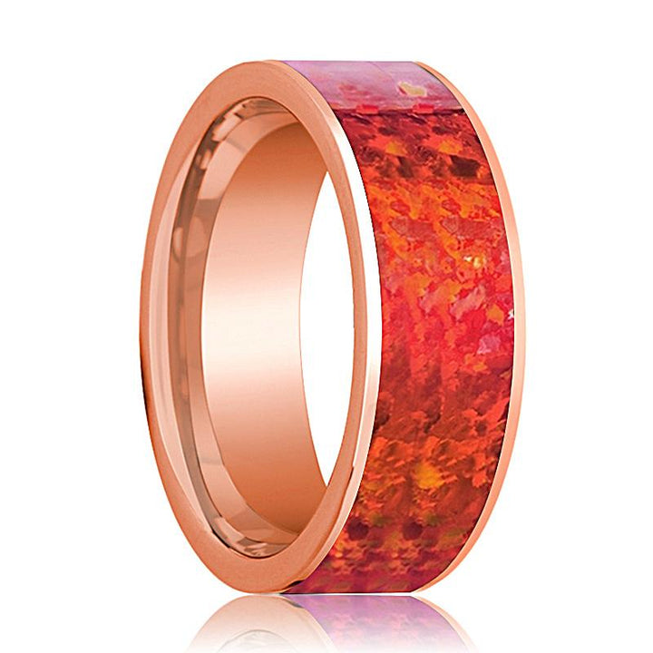 Polished 14k Rose Gold Men's Flat Wedding Band with Red Opal Inlay - 8MM - Rings - Aydins Jewelry - 1