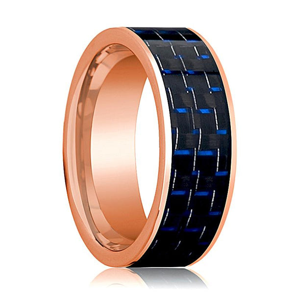 Polished 14k Rose Gold Wedding Band for Men with Blue and Black Carbon Fiber Inlay Flat Design - 8MM - Rings - Aydins Jewelry - 1