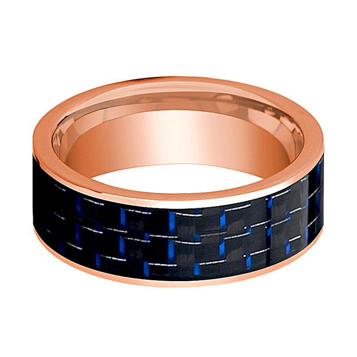 Polished 14k Rose Gold Wedding Band for Men with Blue and Black Carbon Fiber Inlay Flat Design - 8MM - Rings - Aydins Jewelry - 2