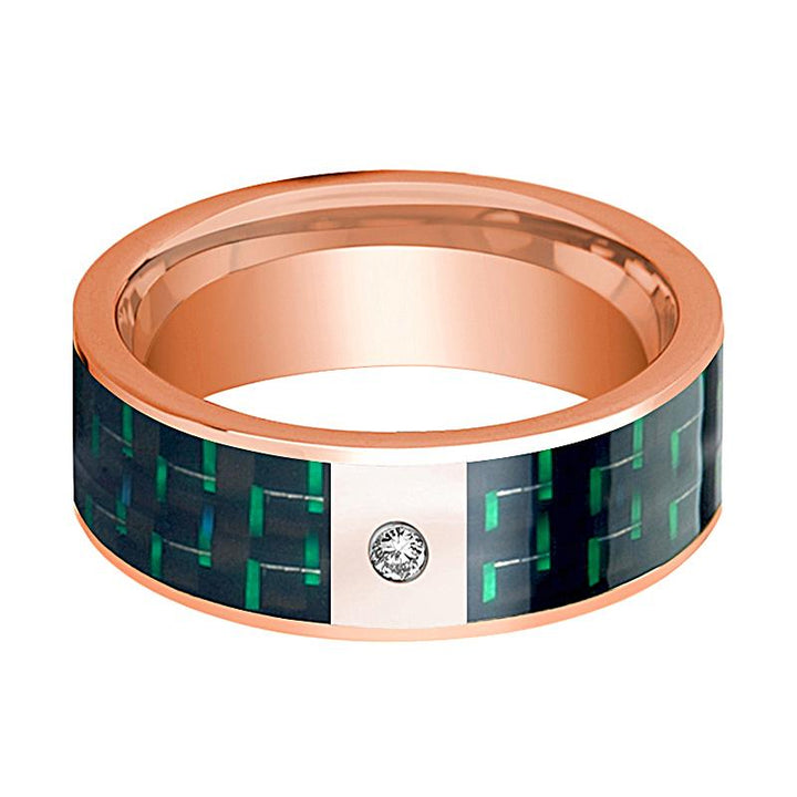 Polished 14k Rose Gold Wedding Band for Men with Diamond and Black & Green Carbon Fiber Inlay - 8MM - Rings - Aydins Jewelry - 2