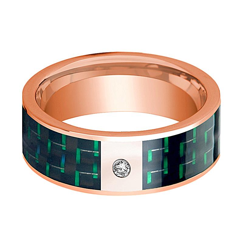 Green Carbon Fiber inlay 14k rose gold wedding band 8mm with diamond, side profile