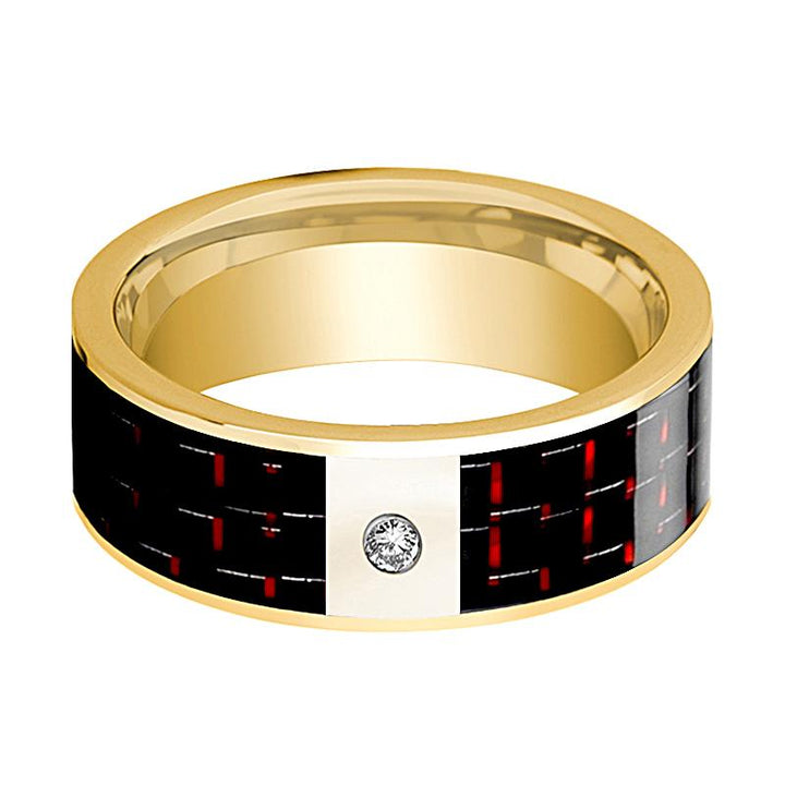 Mens Wedding Band 14K Yellow Gold and Diamond with Black & Red Carbon Fiber Inlay Flat Polished Design - AydinsJewelry