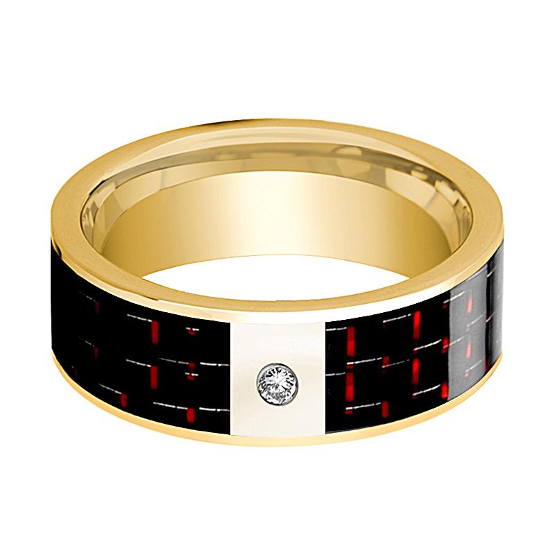 Black Carbon Fiber inlay 14k yellow gold wedding band 8mm with diamond, side profile