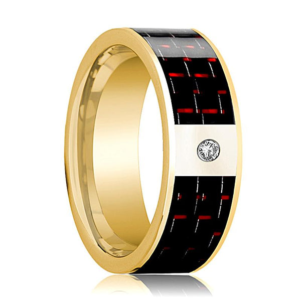 Polished 14k Yellow Gold & Diamond Flat Wedding Band for Men with Black and Red Carbon Fiber Inlay - 8MM - Rings - Aydins Jewelry - 1