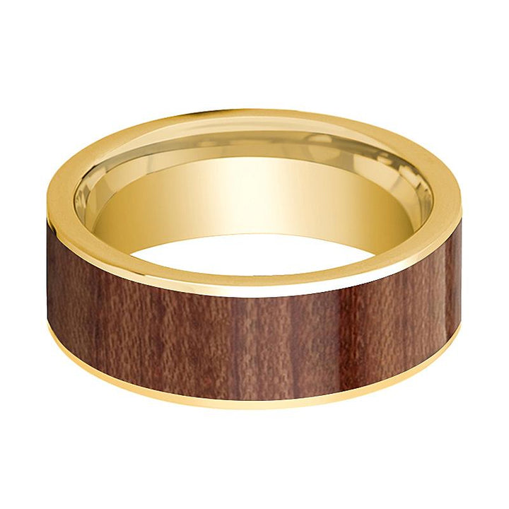 Polished 14k Yellow Gold Flat Wedding Band for Men with Rose Wood Inlay - 8MM - Rings - Aydins Jewelry - 2