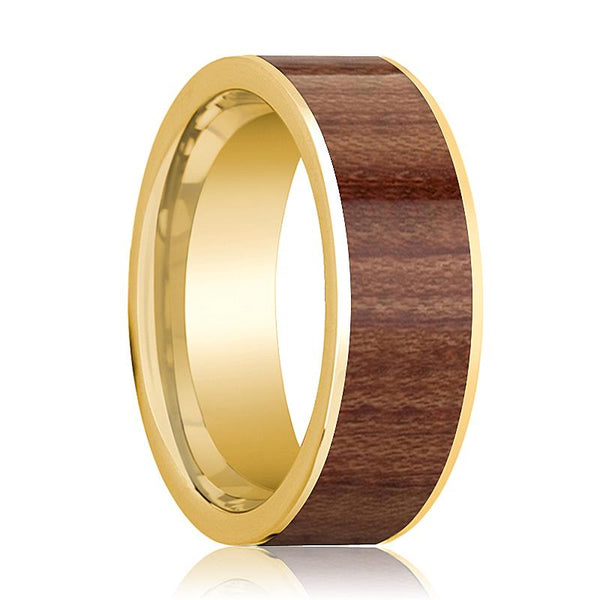 Polished 14k Yellow Gold Flat Wedding Band for Men with Rose Wood Inlay - 8MM - Rings - Aydins Jewelry