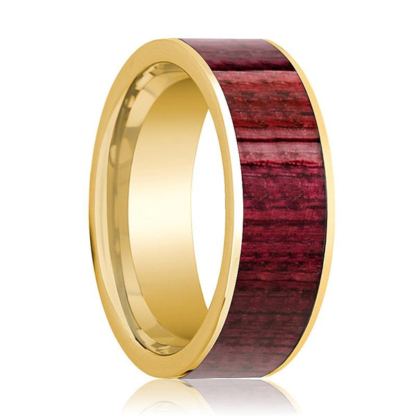 Polished 14k Yellow Gold Flat Wedding Ring for Men with Purpleheart Wood Inlay - 8MM - Rings - Aydins Jewelry - 1