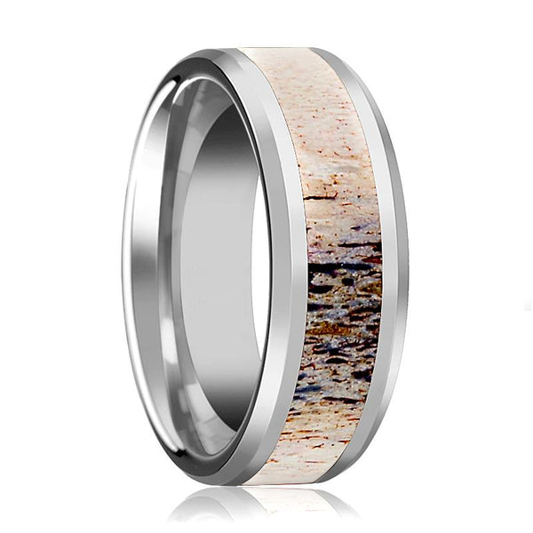 Tungsten Ombre Deer Antler Inlay - Tungsten Wedding Band - Beveled - Polished Finish - 8mm - Tungsten Wedding Ring - AydinsJewelry
