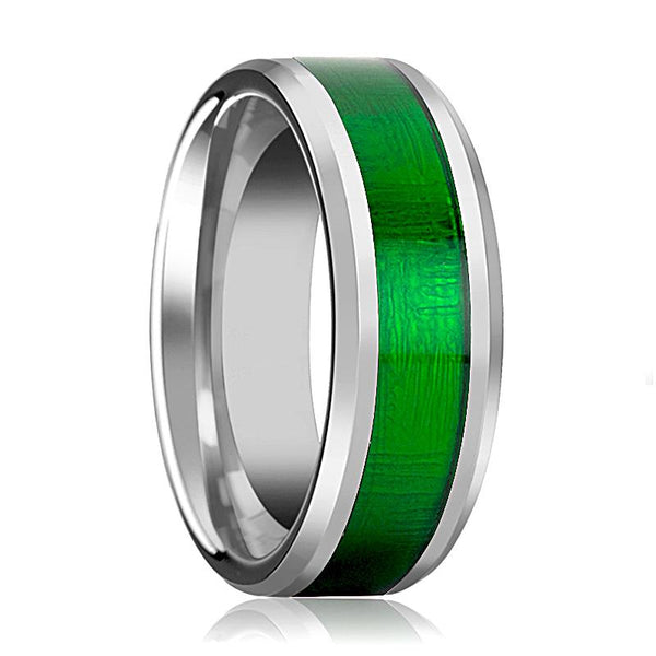 Polished Finish Men's Tungsten Wedding Band with Textured Green Inlay & Beveles - 8MM