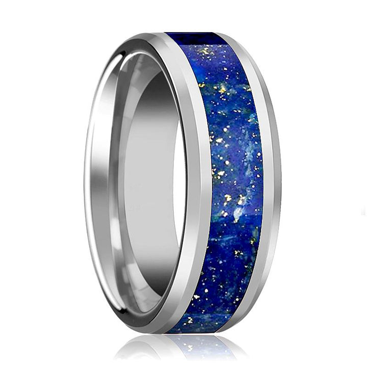 Polished Finish Tungsten Wedding Band With Blue Lapis Inlay & Beveled Edges - Rings - Aydins Jewelry - 1