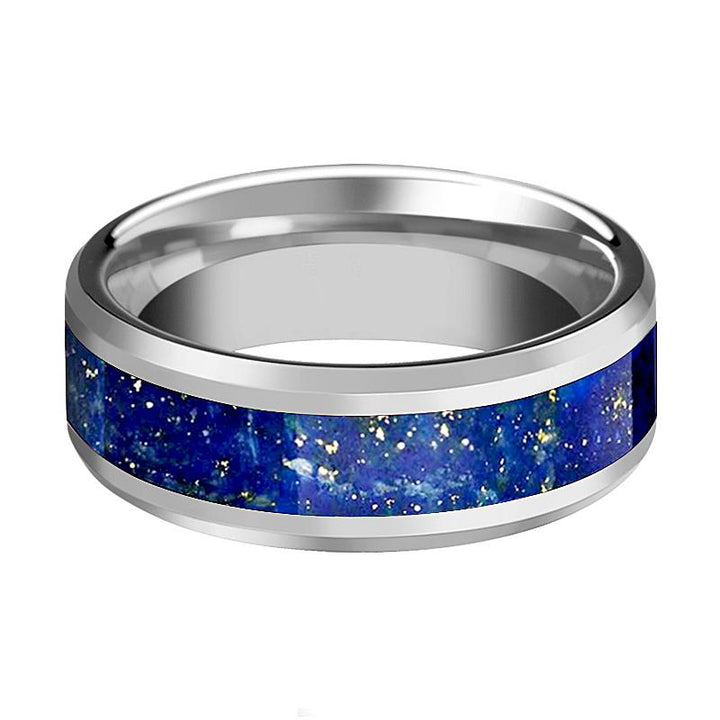 Polished Finish Tungsten Wedding Band With Blue Lapis Inlay & Beveled Edges - Rings - Aydins Jewelry - 2