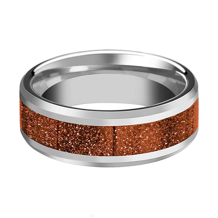 Polished Men's Silver Tungsten Wedding Band with Orange Goldstone Inlay & Beveled Edges - Rings - Aydins Jewelry - 2