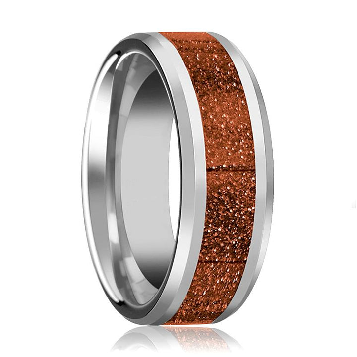 Polished Men's Silver Tungsten Wedding Band with Orange Goldstone Inlay & Beveled Edges - Rings - Aydins Jewelry - 1