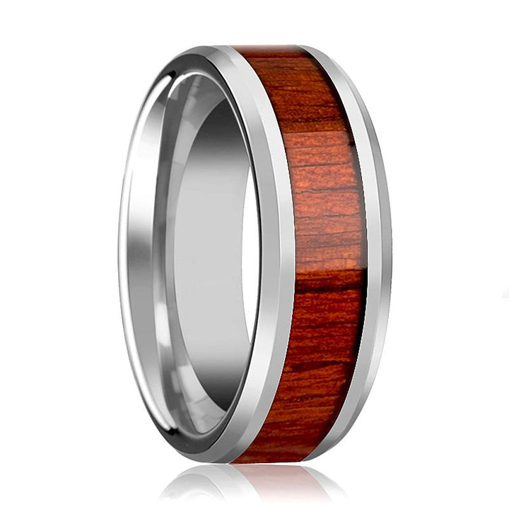 NARRA | Silver Tungsten Ring, Padauk Wood Inlay, Beveled - Rings - Aydins Jewelry - 1