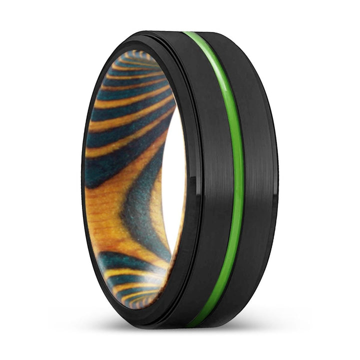 PONOMA | Green & Yellow Wood, Black Tungsten Ring, Green Groove, Stepped Edge - Rings - Aydins Jewelry - 1