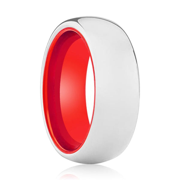 POPPY | Red Ring, Silver Tungsten Ring, Shiny, Domed