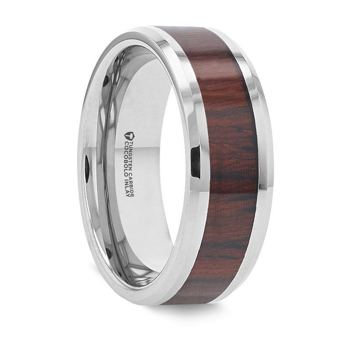 PRESLEY | Silver Tungsten Ring. Cocobolo Wood Inlay, Beveled - Rings - Aydins Jewelry - 1
