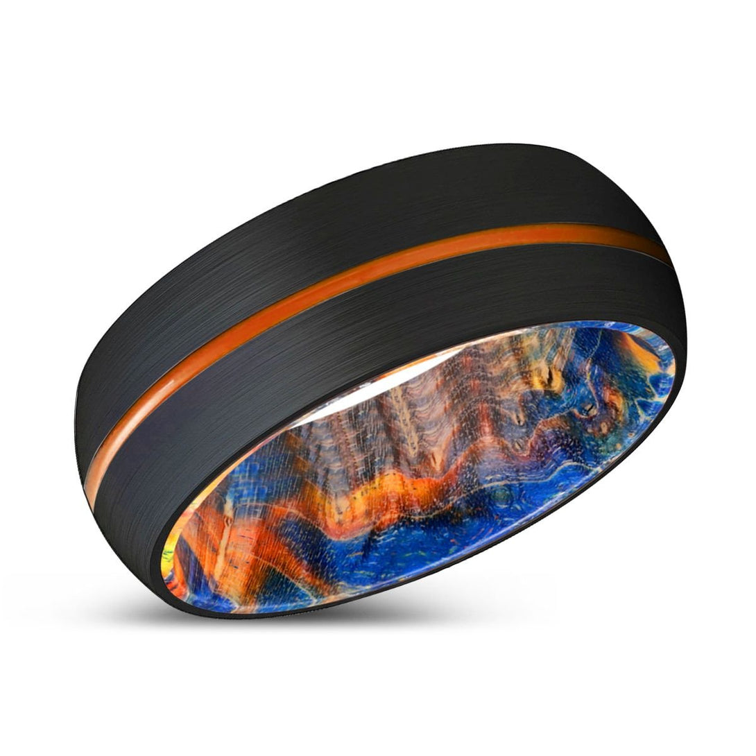 PRESTIGIOUS | Blue & Yellow/Orange Wood, Black Tungsten Ring, Orange Groove, Domed - Rings - Aydins Jewelry - 2