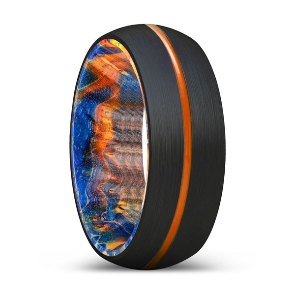 PRESTIGIOUS | Blue & Yellow/Orange Wood, Black Tungsten Ring, Orange Groove, Domed - Rings - Aydins Jewelry - 1