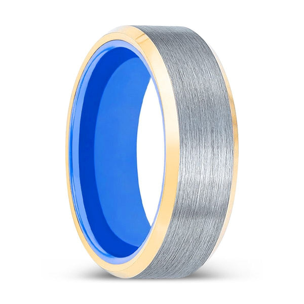 PRIME | Blue Ring, Brushed, Silver Tungsten Ring, Gold Beveled Edges - Rings - Aydins Jewelry - 1