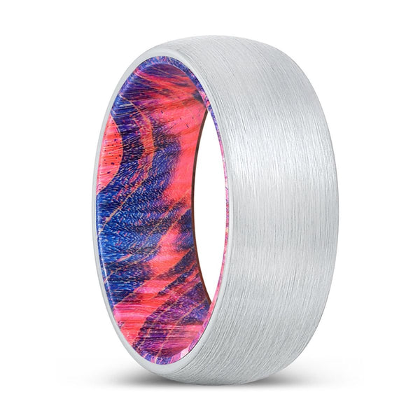 PRIMEVAL | Blue & Red Wood, White Tungsten Ring, Brushed, Domed - Rings - Aydins Jewelry - 1