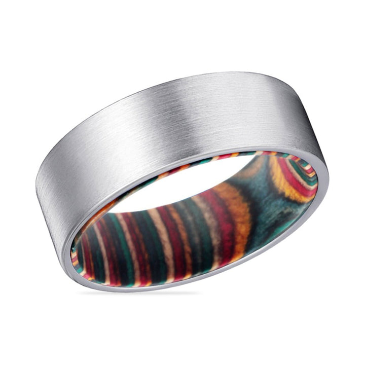 PRISM | Multi Color Wood, Silver Tungsten Ring, Brushed, Flat - Rings - Aydins Jewelry