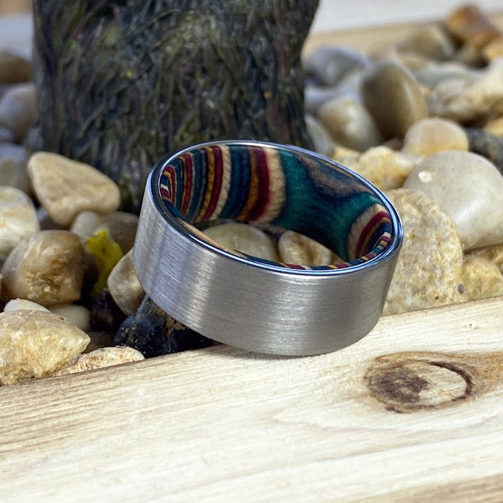 PRISM | Multi Color Wood, Silver Tungsten Ring, Brushed, Flat - Rings - Aydins Jewelry